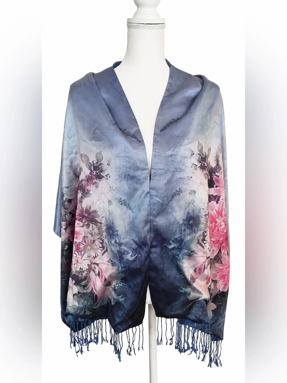 Story of Shanghai 100% Natural Mulberry Silk Floral Fringe Scarf Wrap OS NWT